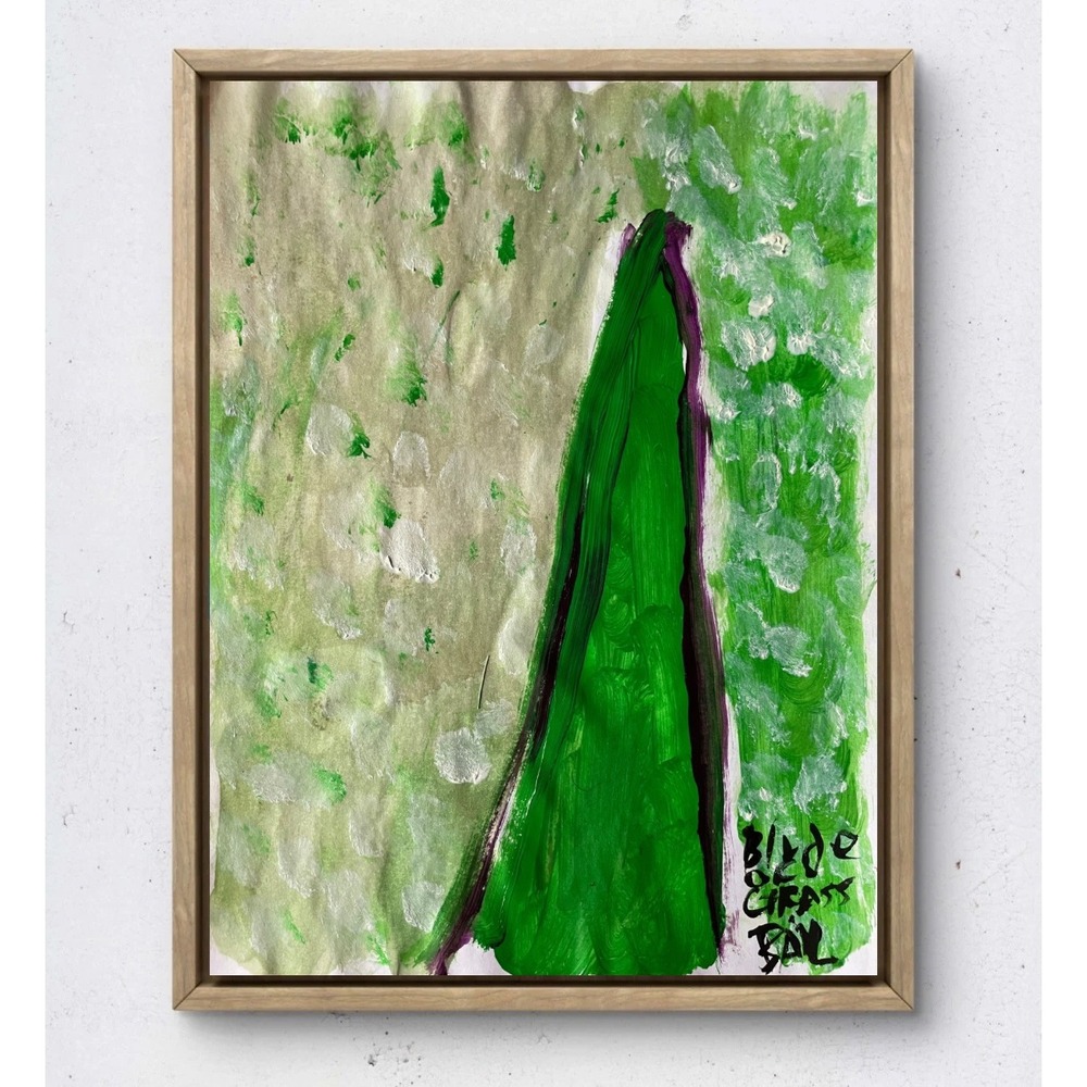 Blade of Grass Original Abstract Painting Green White Mixed Media Art 8.5x11